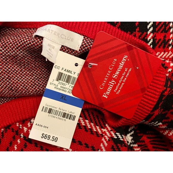 NWT CHARTER CLUB Mens XL Crew Neck Sweater Red Plaid Holiday Christmas Pullover - Picture 6 of 8